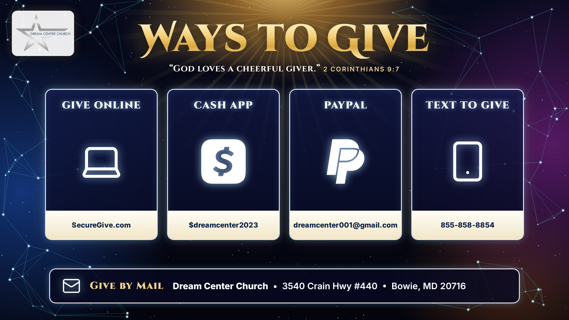 Ways to give to Dream Center Church: SecureGive, Cash App, PayPal, text to give, and mail